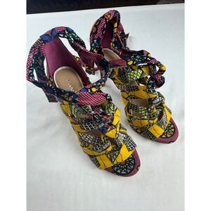 Gianni Bini Multi Color Geometric Print Wrap Ankle Strap Stiletto Heels Sandals